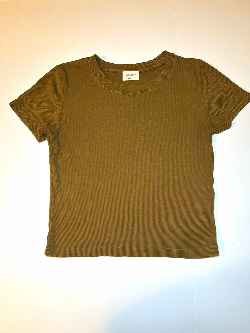 Wilfred Free Brown Ribbed Knit T-Shirt Short Sleeve Round Neck Stretch Size S